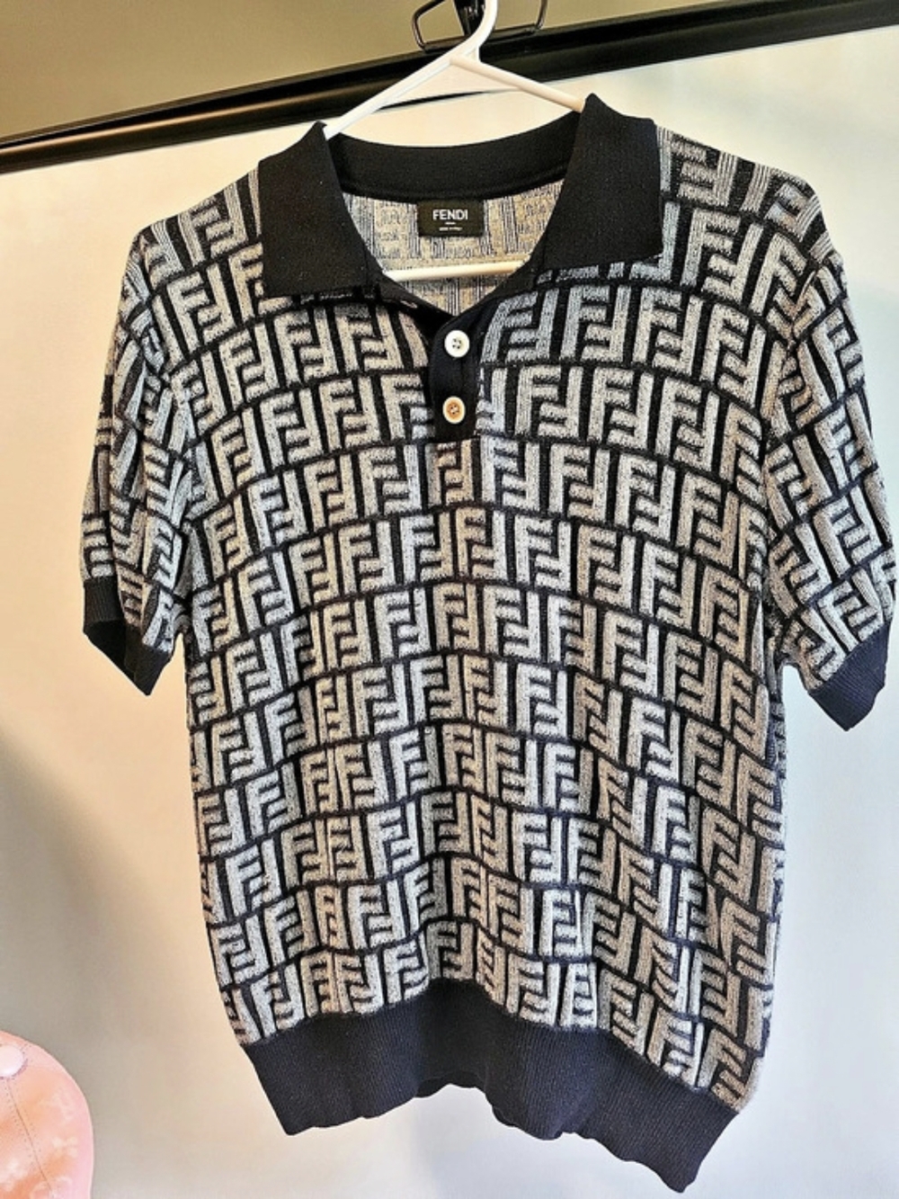 Fendi FF Logo Jacquard Knit Polo Shirt in Black & White